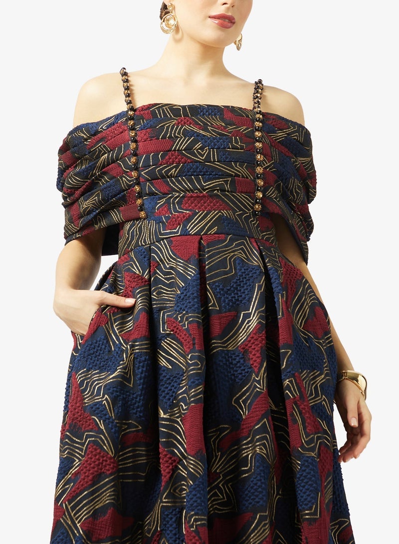 Threadz by Ajooni Off Shoulder Jacquard Maxi Dress - Image 3